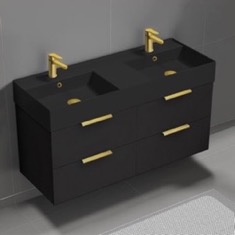 48 inch Double Floating Bathroom Vanity With Black Sink - Modern, Matte Black, Gold Handles